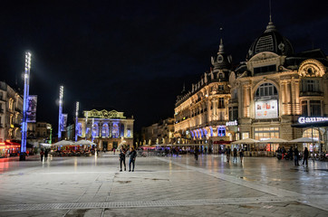 Obraz premium Place de la Comédie at night, Montpellier, France.