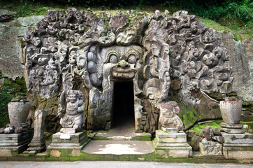 Front view of the carving at goa gajah aka elephant cave temple at Bali, Indonesia