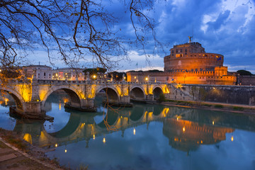 Bridge to the Saint Angel Castle over the Tiber river in Rome, Italy