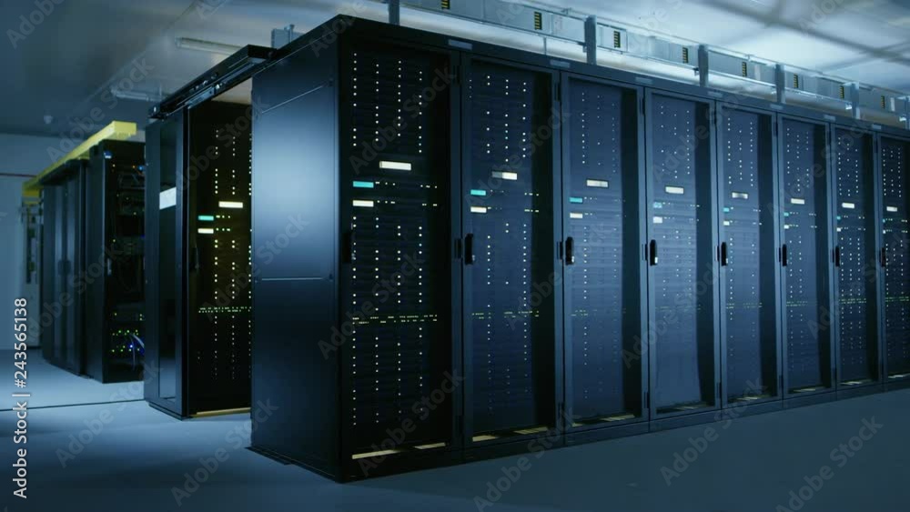 Aufkleber Arc Shot of Data Center With Multiple Rows of Fully Operational Server Racks. Modern Telecommunications, Cloud Computing, Artificial Intelligence, Database, Super Computer Technology Concept.