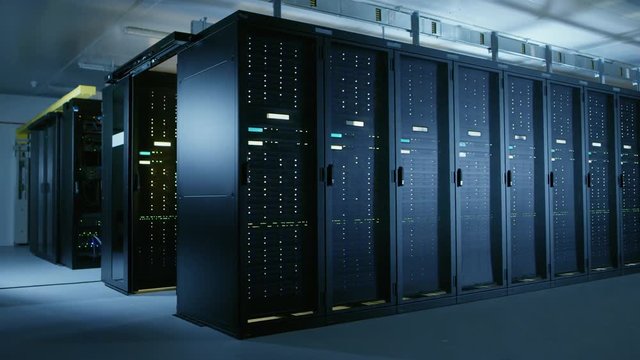 Arc Shot of Data Center With Multiple Rows of Fully Operational Server Racks. Modern Telecommunications, Cloud Computing, Artificial Intelligence, Database, Super Computer Technology Concept. - Powered by Adobe