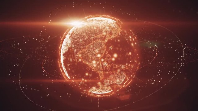 Seamless loop 3d animation of Digital planet earth data abstract of a technological data network transmitting communication, complexity and data flow of the modern digital era