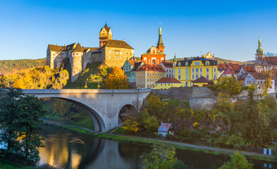 Colorful town Loket in autumn over Eger river in the Sokolov District in the Karlovy Vary region of...