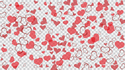 Spring background. Red on Transparent background Vector. Red hearts of confetti are falling. Part of the design of wallpaper, textiles, packaging, printing, holiday invitation for Valentine's Day.