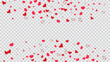 Romantic background. Design element for wallpaper, textiles, packaging, printing, holiday invitation for birthday. Red hearts of confetti are falling. Red on Transparent fond Vector.