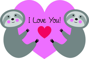 cute sloths with pink valentine heart