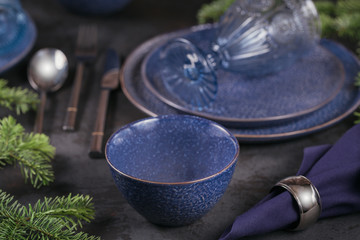  Dark blue christmas decoration with fir-tree branch.