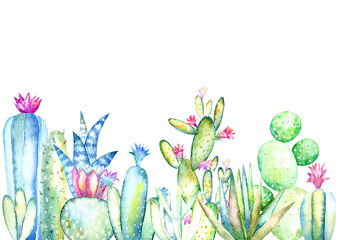 Border of a cactus.Watercolor hand drawn illustration.