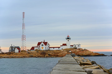 Eastern Point Lighthouse at sunset, Cape Ann, northeastern Massachusetts, USA. This historic...