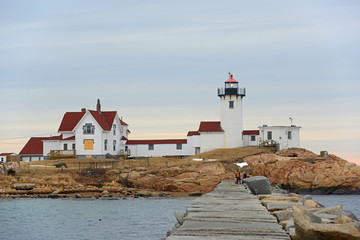 Eastern Point Lighthouse at sunset, Cape Ann, northeastern Massachusetts, USA. This historic...