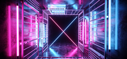 Sci Fi Futuristic Alien Vibrant Neon Glowing Purple And Blue Tube Lights On Metal Rectangle Structures In Dark Empty Grunge Concrete Tunnel Corridor 3D Rendering