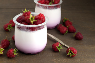Homemade healthy diet yogurt with raspberries. selective focus
