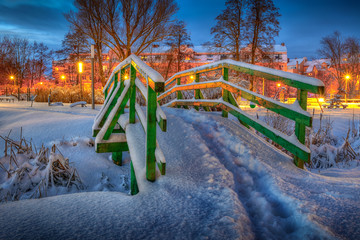 Park in Elk  covered with snow. Night photo.