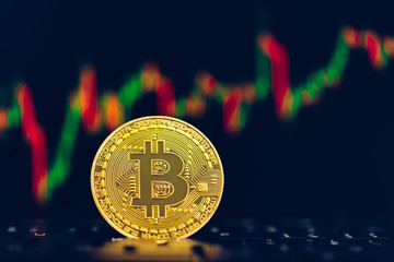 Bitcoin gold coin and defocused chart background. Virtual cryptocurrency concept. Bitcoins on ladder chart cryptocurrency concept. Bitcoin currency with blockchain concept.