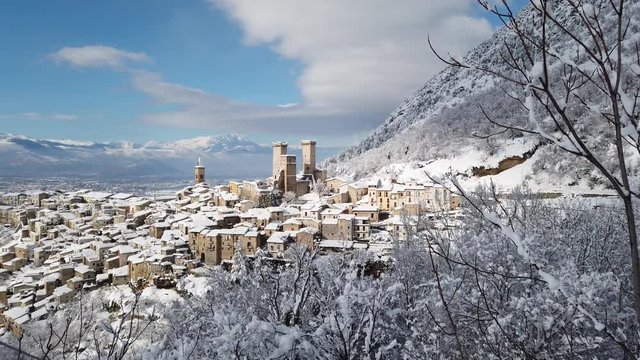 Panoramic view of Pacentro covered in snow during winter season. Abruzzo, Italy.