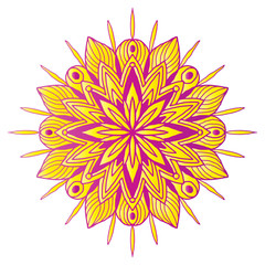 Ornamental Floral Mandala. Carpet ornament pattern. Interior mandala print in yellow and pink color. Bright Logo for tropical summer design.