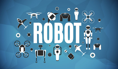 Modern robotic set vector illustration with stylish robot, drone, autonomous vehicle, flying car