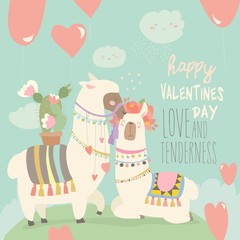 Cartoon mexican white alpaca llamas couple with hearts balloons. Happy Valentines day