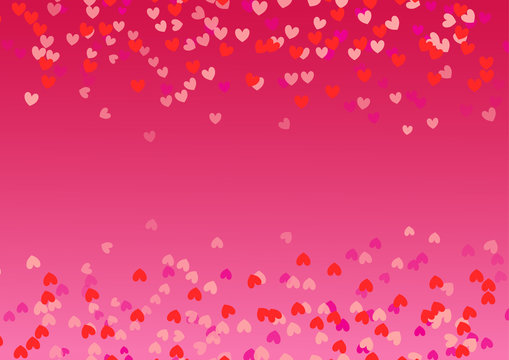 Red pink background with scattered hearts of different sizes. Frame with free copy space. Vector illustration that can be used during holidays or on card, invitation. Flying border with love elements.