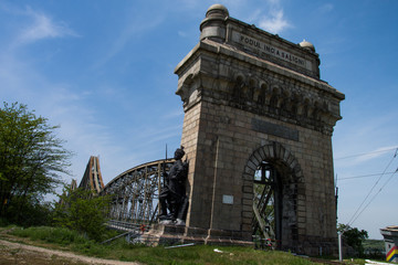 The Anghel Saligny Bridge (formerly King Carol I Bridge) spans the Danube near Cernavoda, Romania....