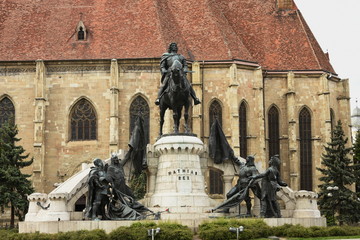 Fototapeta na wymiar King Matthias Corvin Statue in Cluj-Napoca, Romania,2017