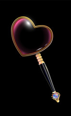 Golden magnifying glass with black handle inlaid with pearls, isolated on a black background. Obligatory Attribute of Valentines day. Retro jewelry design. Vector illustration