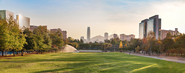 Panoramic view of Santiago skyline at Araucano Park - Santiago, Chile - obrazy, fototapety, plakaty