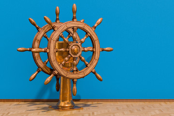 Obraz premium Ship's wheel or boat's wheel in room on the wooden floor, 3D rendering