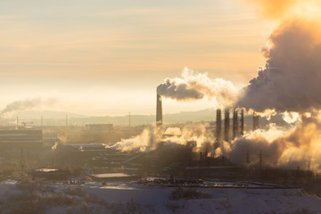 Magnitogorsk. Panorama of magnitogorsk industrial complex. Emissions of air pollutants.