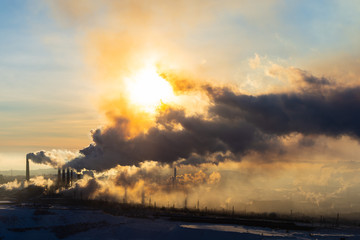 Magnitogorsk. Panorama of magnitogorsk industrial complex. Emissions of air pollutants.