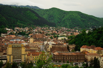 Fototapeta na wymiar Aerial View Of Brasov City In The Carpathian Mountains Of Romania,may ,2017