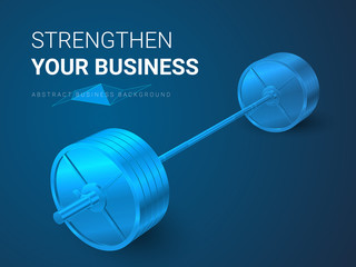 Abstract modern business background vector depicting strengthening your business in shape of a barbell on blue background.