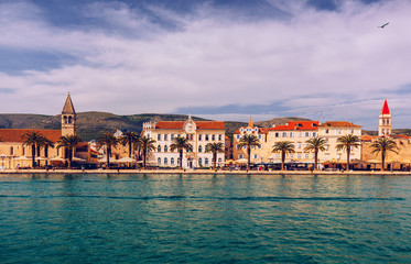 View at town Trogir, old touristic place in Croatia Europe. Trogir town coastal view. Magnificent Trogir, Croatia. Sunny old Venetian town, Dalmatian Coast in Croatia.