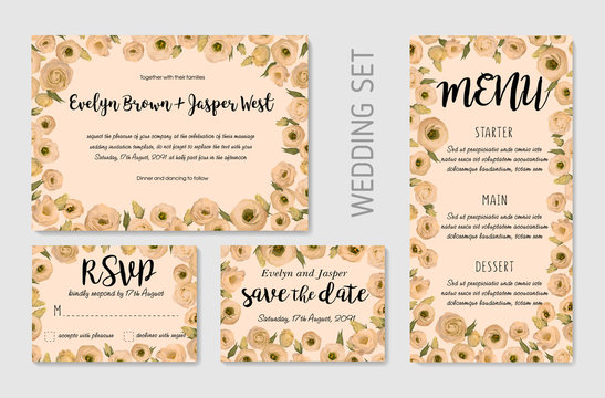 Wedding Invitation set, floral invite, thank you, rsvp card design. Eucalyptus, forest fern, herbs, eucalyptus, branches boxwood, buxus, brunia, botanical green and flowers eustoma cream. Vector