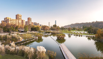 Panoramic view of Bicentenario Park and Santiago skyline - Santiago, Chile