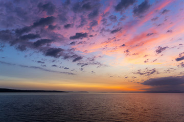 Sunset or sunrise sky above the sea. Nature, weather, atmosphere, travel theme. Sunrise or sunset over the sea. Panorama