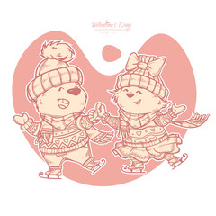 Vector illustration of Valentines day. Characters pair of cute  bears skating.