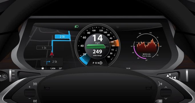 Electric car dashboard display closeup. Vehicle accelerates to 25 mph, consumes energy, then slows down and produces energy in recuperation mode. 4K animation