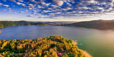 Solinskie lake in Bieszczady mountains in sunrise light - 243577183