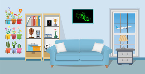 Retro colorful living room interior design. Flat style vector illustration