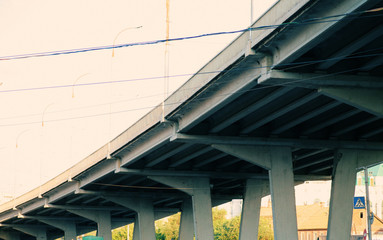 Highway ramps. Concrete pilons supporting elevated highway
