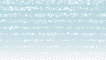 Christmas  Vector Background with White Falling Snowflakes Isolated on Transparent Background. Realistic Snow Sparkle Pattern. Snowfall Overlay Print. Winter Sky. Design for Party Invitation.