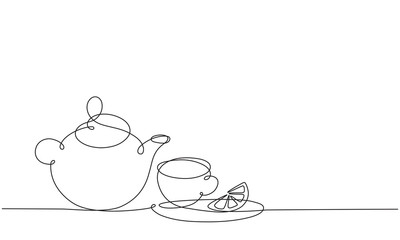 Teapot and cup. Tea with lemon. Continuous line drawing.