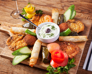 Arabic food, Meze- Delicious turkish starters plate, beautifully arranged vegetarian food