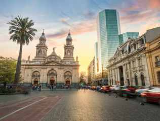 Plaza de Armas Square and Santiago Metropolitan Cathedral at sunset - Santiago, Chile