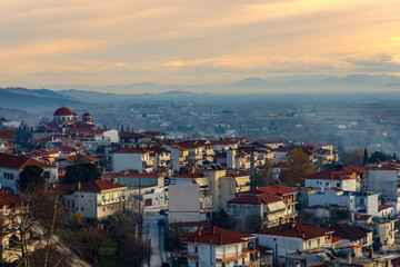 Greek town evening panorama with red roof houses, Kalabaka, Thessaly, Greece