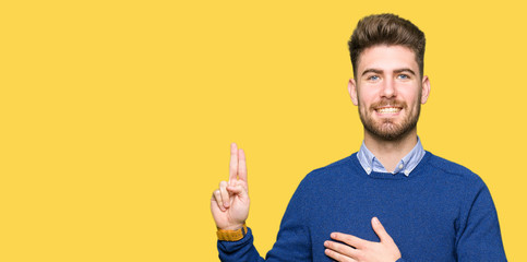 Young handsome bussines man Swearing with hand on chest and fingers, making a loyalty promise oath