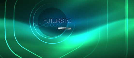 Neon glowing lines, magic energy space blue light concept, abstract background wallpaper design