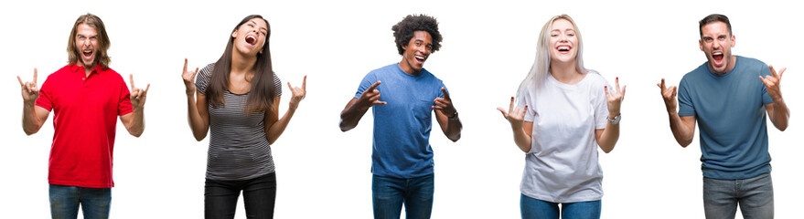 Composition of african american, hispanic and caucasian group of people over isolated white background shouting with crazy expression doing rock symbol with hands up. Music star. Heavy concept.