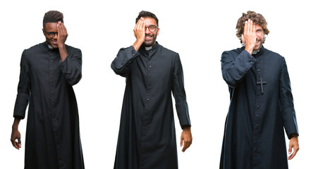 Collage of christian priest men over isolated background covering one eye with hand with confident smile on face and surprise emotion.